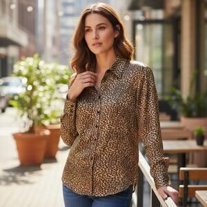 Vintage Womens Silk Leopard Print Button Blouse Top Large Career Mobwife Siren